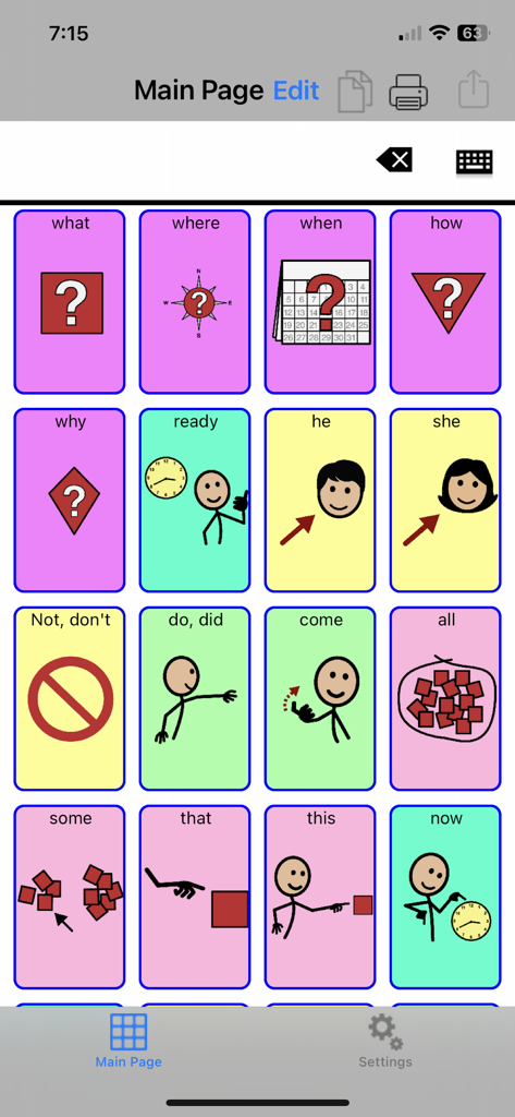 TalkTablet PRO interface featuring a grid of communication buttons with words and symbols