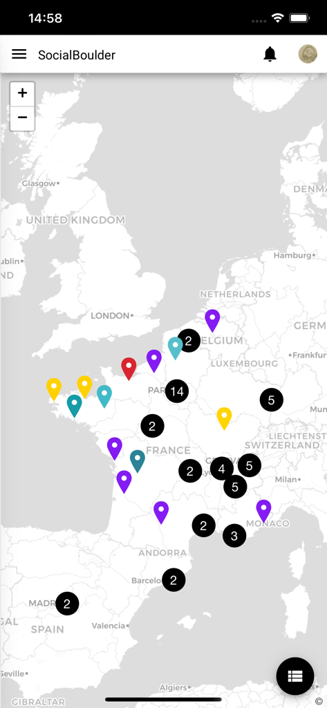 SocialBoulder - Carte des salles d'escalade en Europe sur l'interface de l'application SocialBoulder