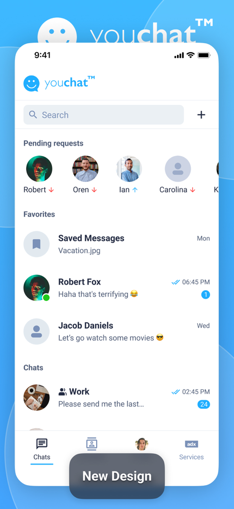 YouChat2.0 - Interfaccia dell'app di messaggistica YouChat2.0 che mostra un elenco di chat, richieste in sospeso e messaggi salvati.