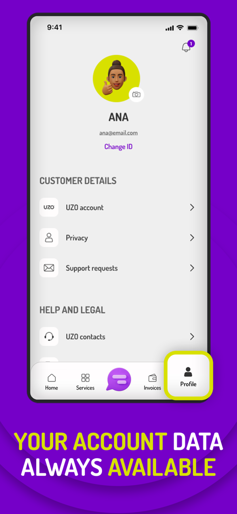 Tela de perfil do aplicativo meu UZO exibindo detalhes da conta do usuário, solicitações de suporte e um avatar personalizado.
