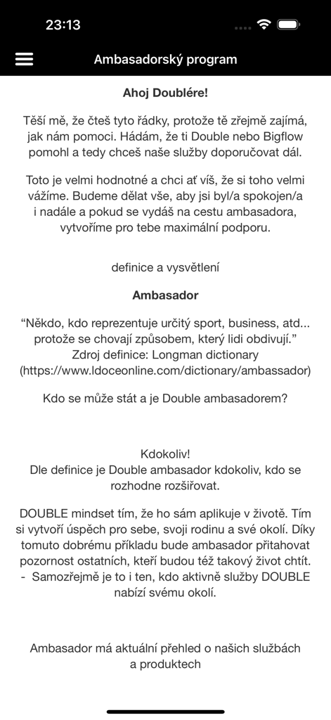 Double academy - Double Academy app screen displaying information about the ambassador program and brand mindset in Czech language