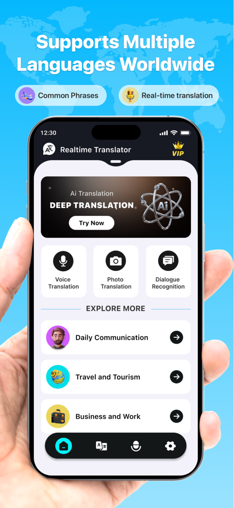 AI Real-time Translator - KI-Echtzeitübersetzer-App-Dashboard auf einem iPhone mit Sprach-, Foto- und Dialogübersetzungsmodi