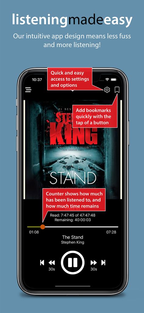 Audiobook player interface with playback controls and time tracking features for the AudiobookSTORE app