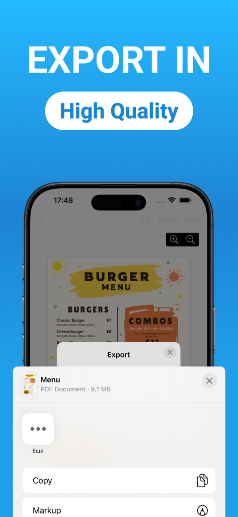 Create Menus Easily - A smartphone screen showing the high quality export feature of a menu maker app with a burger menu design being saved as a PDF