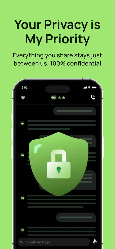 A smartphone displaying the Noah AI chat interface with a large green shield and padlock icon emphasizing 100 percent confidentiality.