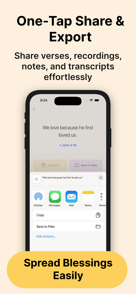 Bible Note Taker, Record, Chat - Mobile app interface showing the one-tap share and export options for Bible verses and notes