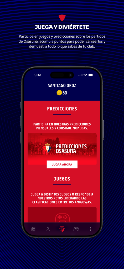 Osasuna Official App - 팬들이 보상을 받을 수 있는 게임과 경기 예측을 보여주는 오사수나 공식 앱의 인터페이스