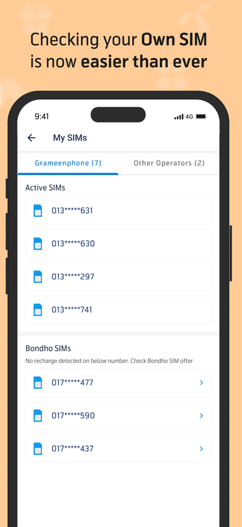 MyGP app interface showing a list of active and inactive Grameenphone SIM cards for easy account management.