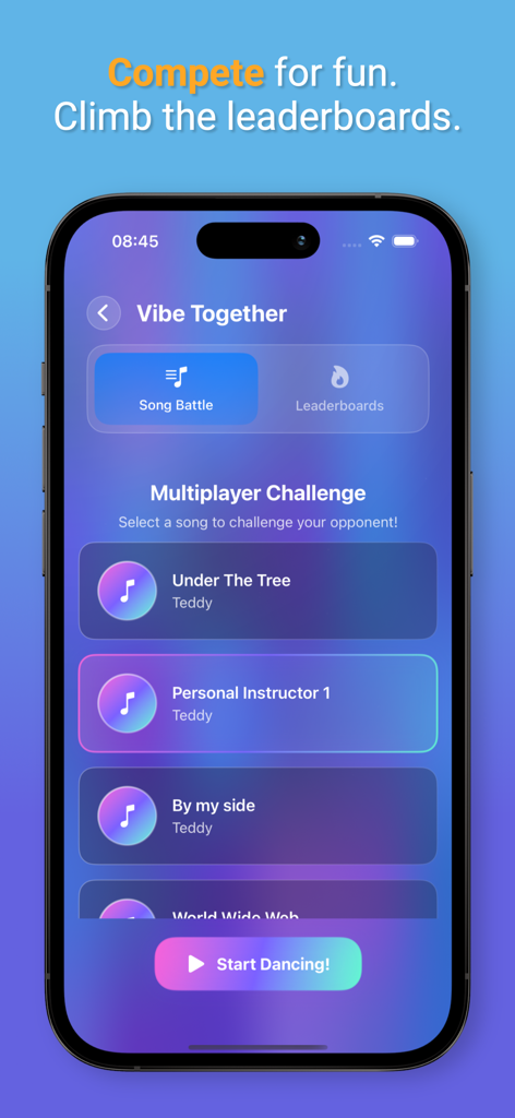 Handy Dance - Interface do aplicativo Handy Dance para o desafio multiplayer de batalha de músicas Vibe Together