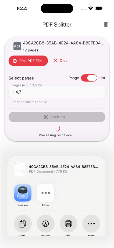 Interface do aplicativo móvel para dividir páginas PDF de forma segura offline