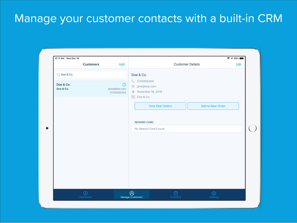 Revel POS - 2.79 - Revel POS iPad interface for customer relationship management showing business contact details and order options