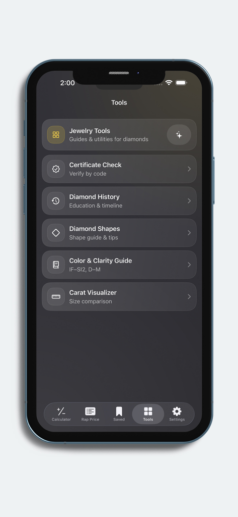 Menú de herramientas de la aplicación Calcular Precio Diamante mostrando las funciones de verificación de certificado y visualizador de quilates