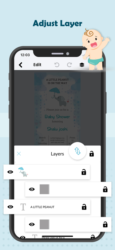 Mobile app screen showing the layer management tool for editing a baby shower invitation card with a cute elephant design