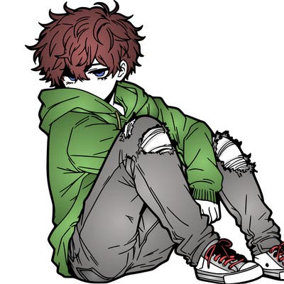 a male hoddie ripped jeans messy hair anime