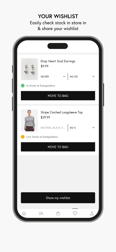 Glassons - Glassons app wishlist showing saved fashion items and in-store stock availability