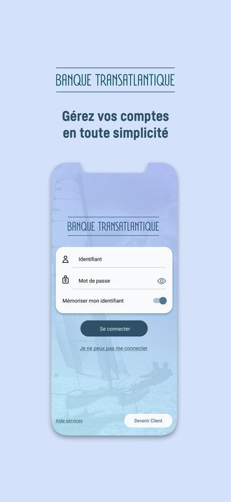 Banque Transatlantique mobile - Tela de login do aplicativo móvel Banque Transatlantique exibindo campos de nome de usuário e senha para acesso ao private banking