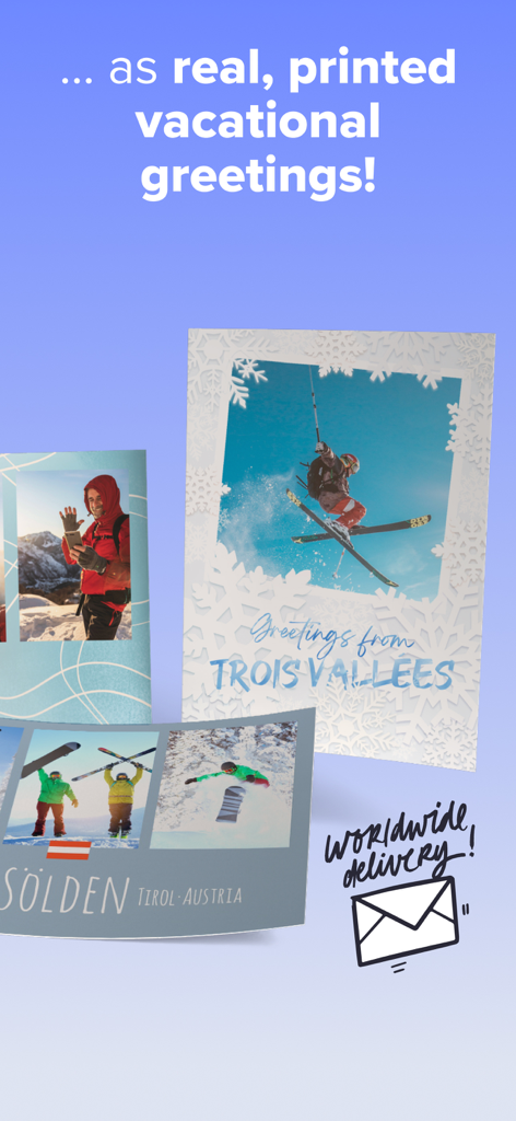 Cartes postales imprimées avec photos de vacances personnelles et livraison dans le monde entier.