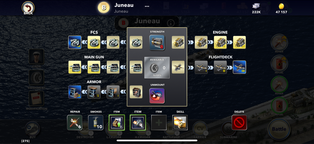 Naval Warship Tactics: Online - Naval Warship Tactics ship customization screen showing upgrade options for weapons armor and engines