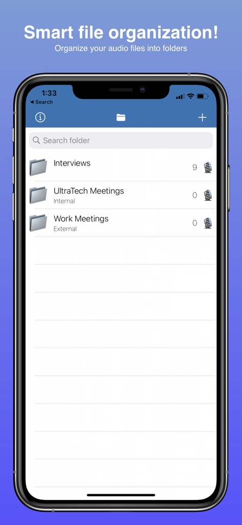Audio Transcribe - SmartScribe - Interfaz de la aplicación SmartScribe que muestra carpetas de organización de archivos de audio para reuniones y entrevistas
