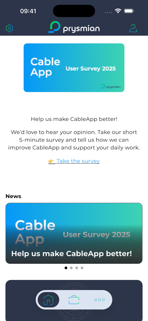 CableApp - Pantalla de inicio de CableApp con un banner de encuesta de usuario y actualizaciones de noticias