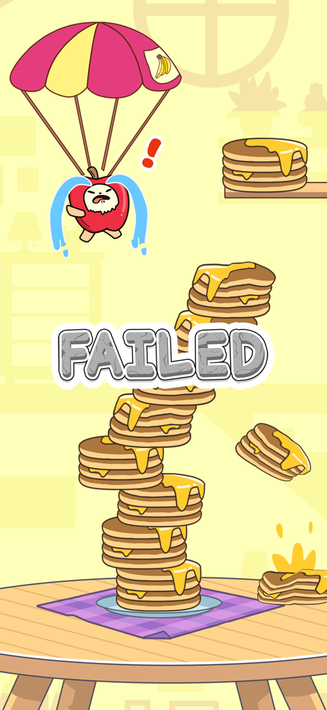 Um Banana Cat chorando em uma skin de maçã flutua com um paraquedas acima de uma torre de panquecas desmoronando com uma mensagem de falha sobreposta.