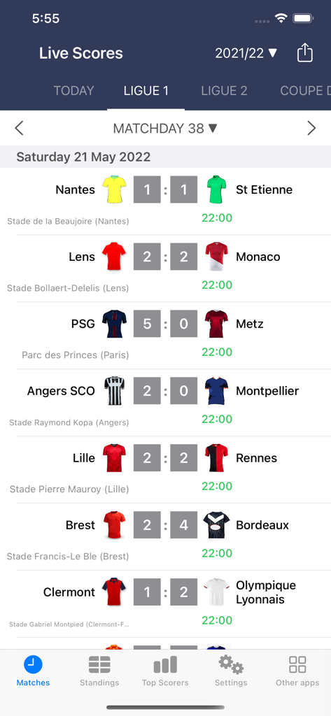 Resultados em direto e resultados de jogos da Ligue 1 de futebol francês