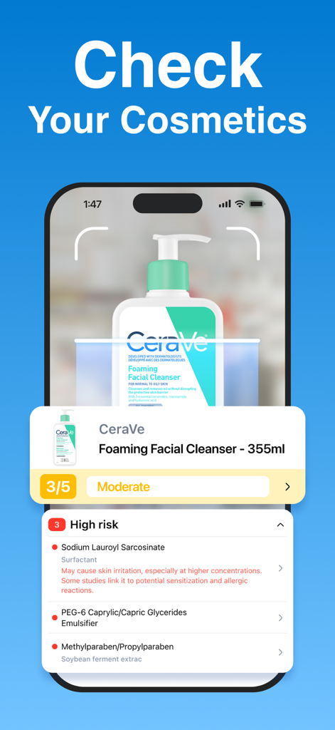 QR Code Reader ・Generator - Pantalla de una aplicación móvil que muestra el escaneo de un limpiador facial con un análisis detallado de ingredientes de alto riesgo y calificaciones de seguridad.