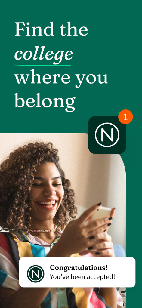 A smiling student looking at her phone receiving a college acceptance notification from the Niche app.
