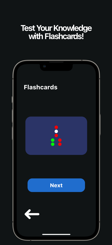 COLREG - iPhone screen displaying the COLREG app flashcards feature for testing maritime navigation light configurations.