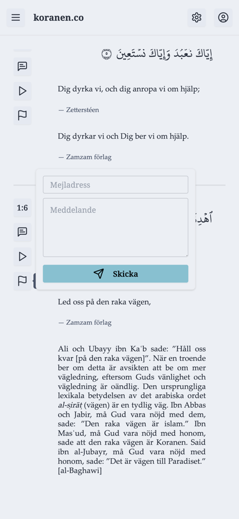 Koranen på svenska zamzam - Interfaz de la aplicación móvil Koranen pa svenska zamzam que muestra texto en árabe y sueco con un formulario de comentarios superpuesto.
