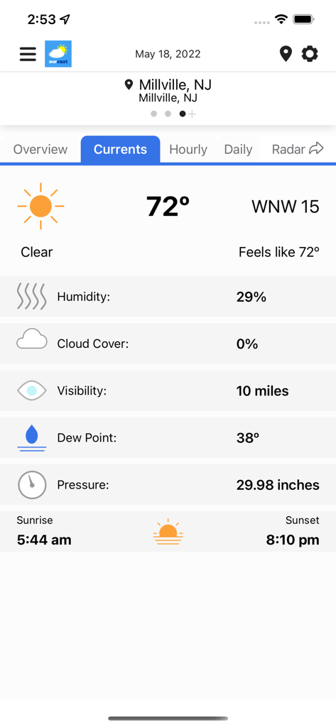 NorCast Weather app screen displaying current conditions for Millville New Jersey