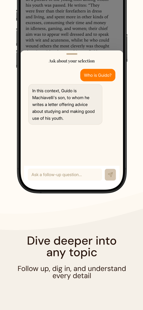Mythos - AI Book Reader - Mythos app displaying an AI explanation for a highlighted character in a book