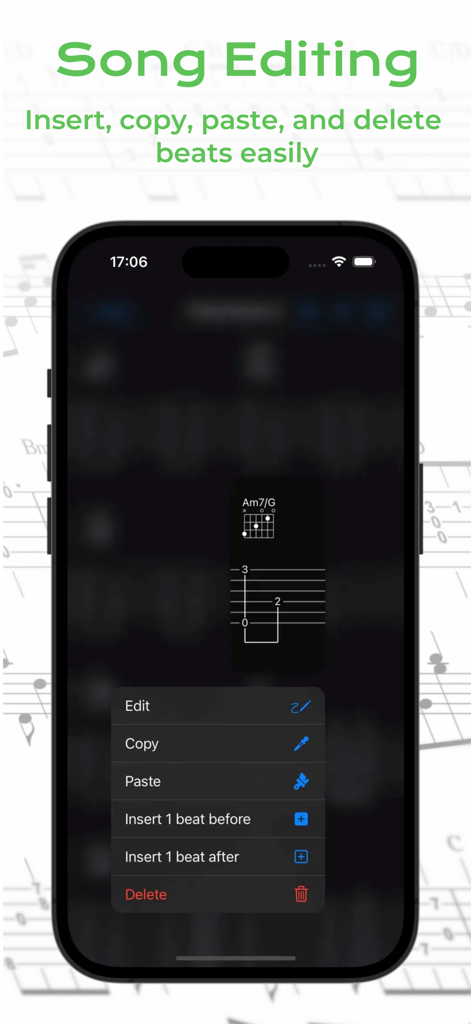 Pantalla de iPhone mostrando el menú de edición de canciones y la tablatura de guitarra en la aplicación Guitar Creator Pro.