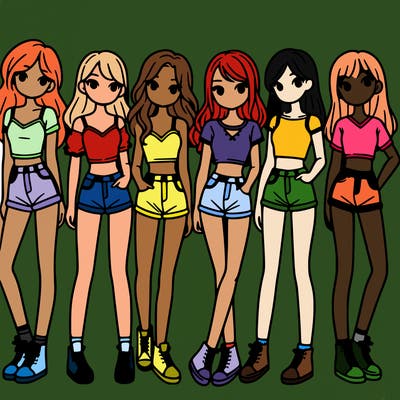 a group of girls wearing crop tops and shorts