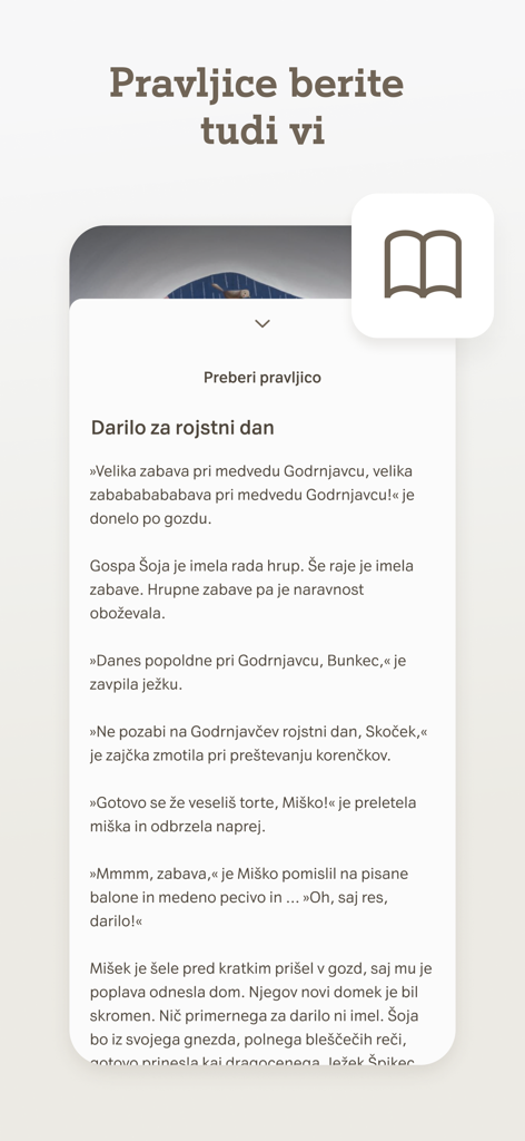 Lahkonočnice - Screen showing the reading mode of the Lahkonocnice app with a children's story text for parents.