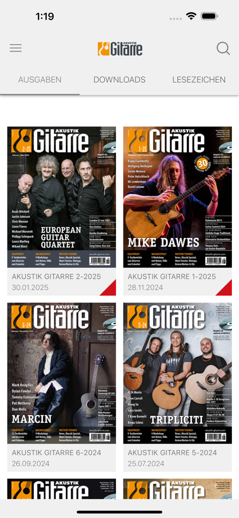 AKUSTIK GITARRE - Digitale Ausgaben-Bibliothek der Akustik Gitarre App mit verschiedenen Magazin-Covern und veröffentlichten Ausgaben