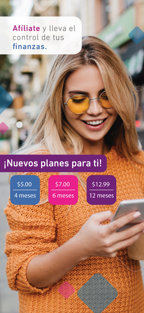 A smiling young woman holding a smartphone showing subscription plans for the APC Experian financial app