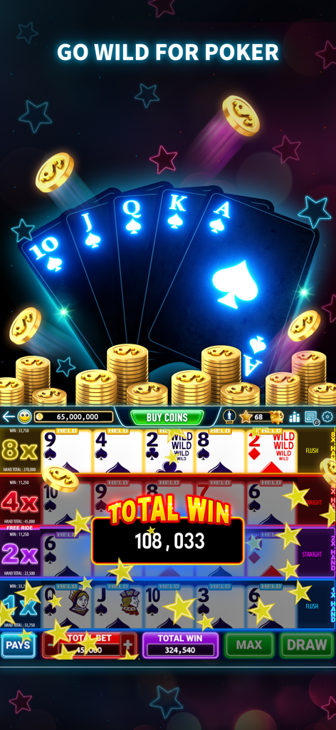 FoxPlay Casino : Slots Games - Screen showing a video poker total win with a royal flush and gold coins in the FoxPlay Casino app