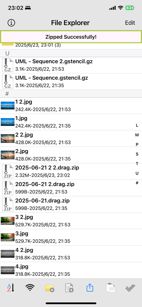 Rar Sharp - Rar Sharp mobile app interface showing a list of files and a successful zip notification.