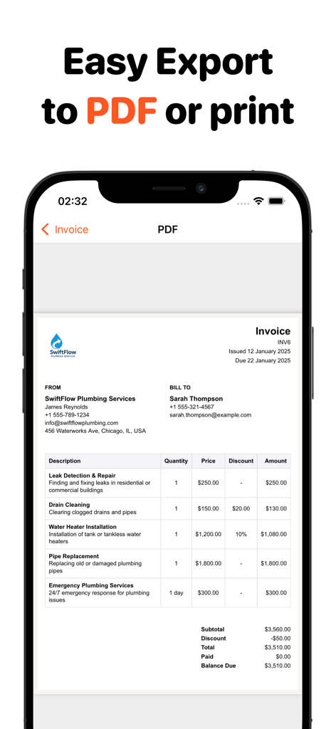 Easy Invoice Maker • Estimate - Professional PDF invoice preview in the Easy Invoice Maker mobile app showing itemized business services