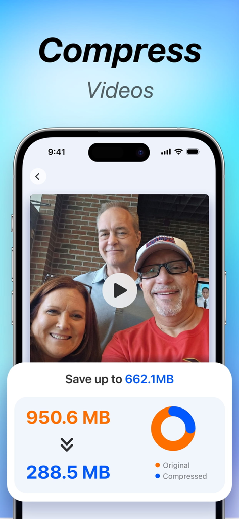 Storage Cleaner: Clean Mate - Storage Cleaner app interface showing video compression from 950MB to 288MB to save storage space