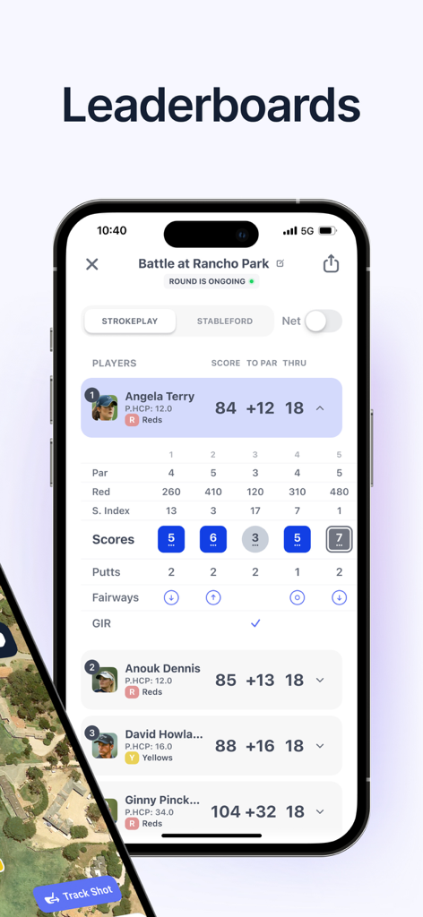 Hole19: Golf GPS Range Finder - Hole19 Mobile App zeigt eine Live-Golf-Rangliste und eine detaillierte digitale Scorekarte mit Spielerstatistiken an