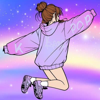 realistic girl jumping with a bun and oversized sweatshirt