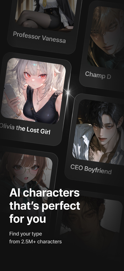 zetaアプリ内のCEOボーイフレンドやヴァネッサ教授を含む、アニメスタイルのAIキャラクターのギャラリー