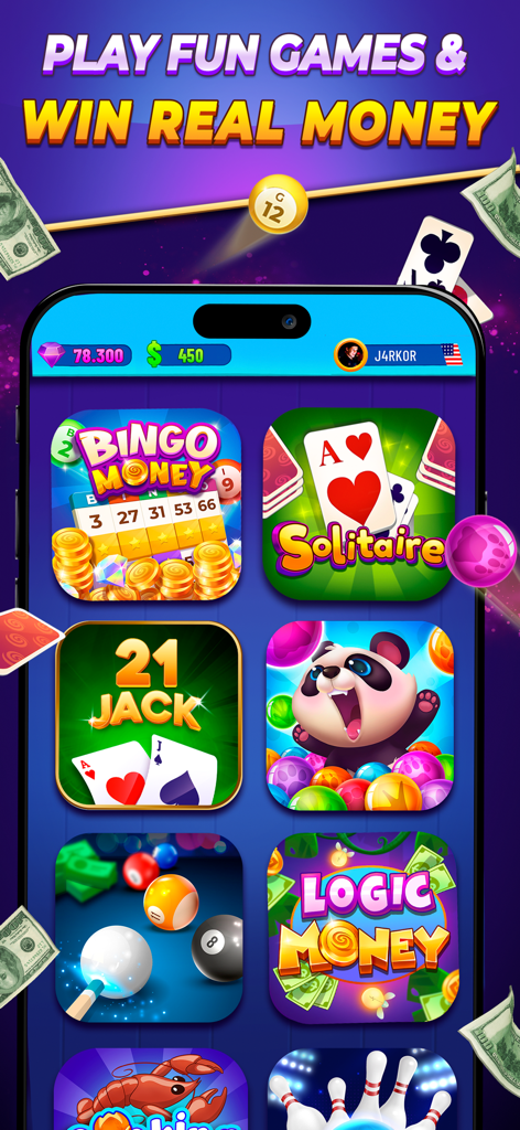 Una interfaz de la app móvil Backspin Games mostrando una variedad de juegos basados en la habilidad como Bingo Money, Solitaire y 21 Jack con un titular que dice Juega Juegos Divertidos y Gana Dinero Real.