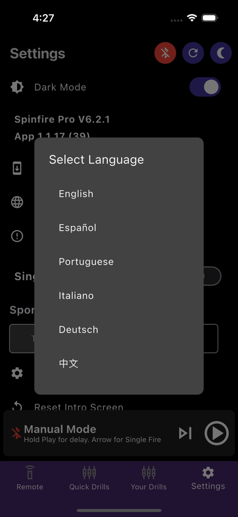 Spinfire Pro 2 - Menú de selección de idioma en la configuración de la app Spinfire Pro 2 mostrando opciones para inglés, español, portugués, italiano, alemán y chino.