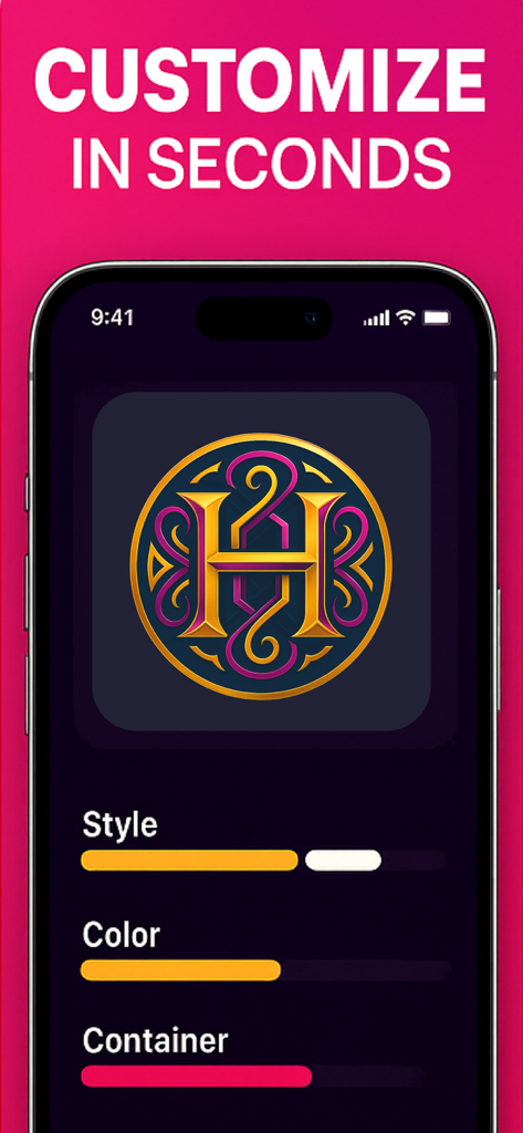 Logo Maker: AI Design Lab - Interface of the Logo Maker app showing customization sliders for style color and container