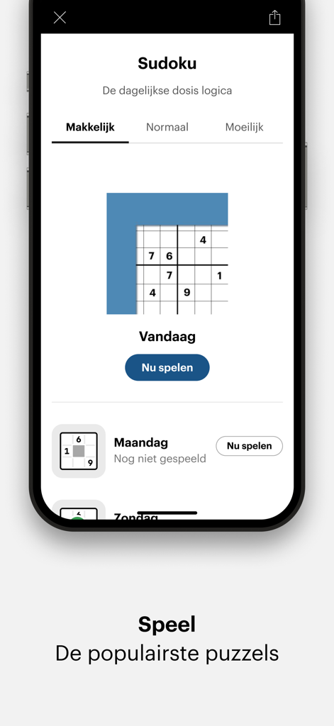 Tela de quebra-cabeça de Sudoku no aplicativo de notícias Trouw mostrando diferentes níveis de dificuldade
