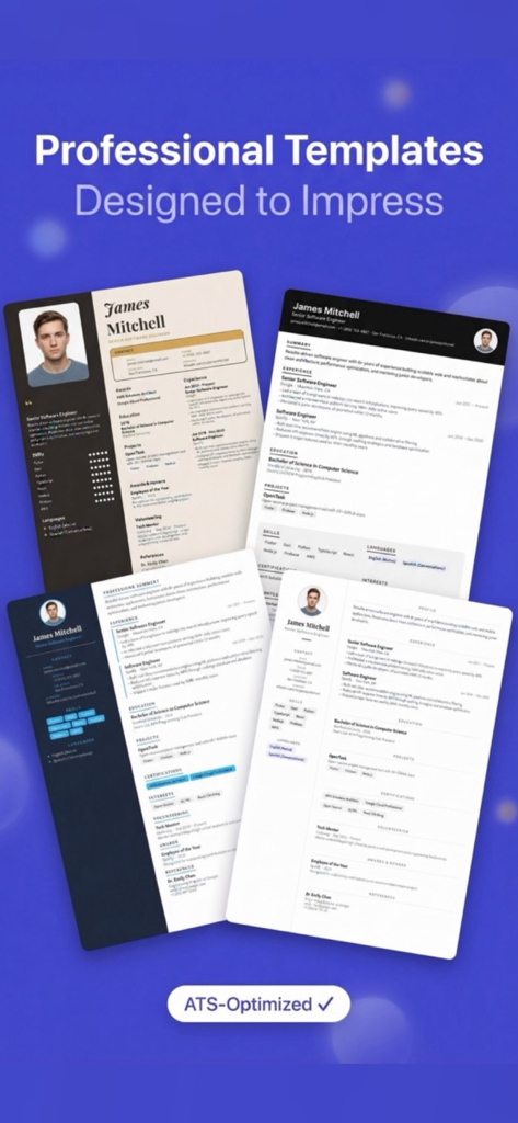 Resume Builder, CV Maker, ATS - A variety of professional and ATS-optimized resume templates displayed on a blue background