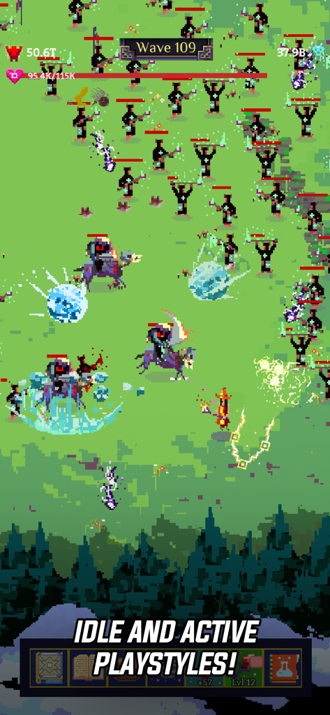 Tap Wizard 2: Idle Magic Game - Retro pixel art gameplay of Tap Wizard 2 featuring a wizard casting spells against waves of dark forces.